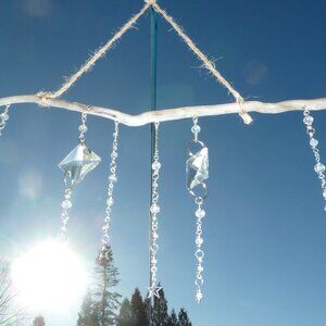 Suncatcher G Treated driftwood, cut glass pieces and Swarovski crystals